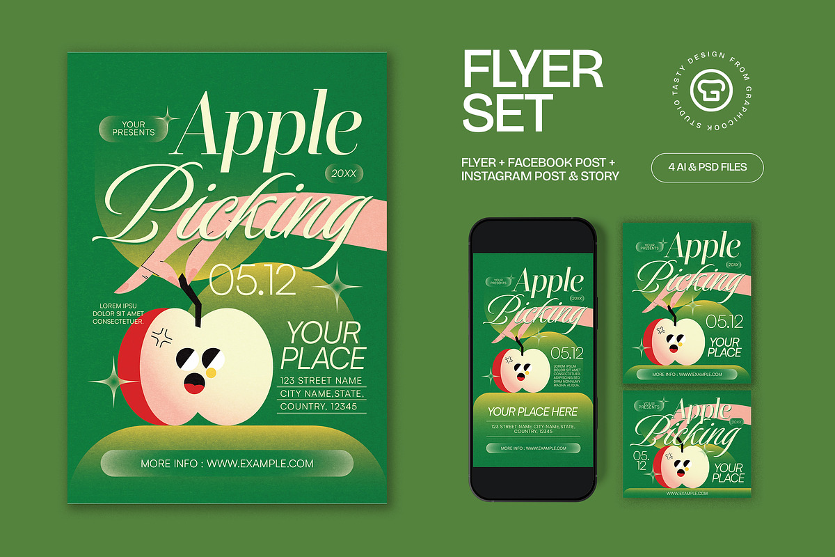 Green Quirky Apple Picking Flyer Set