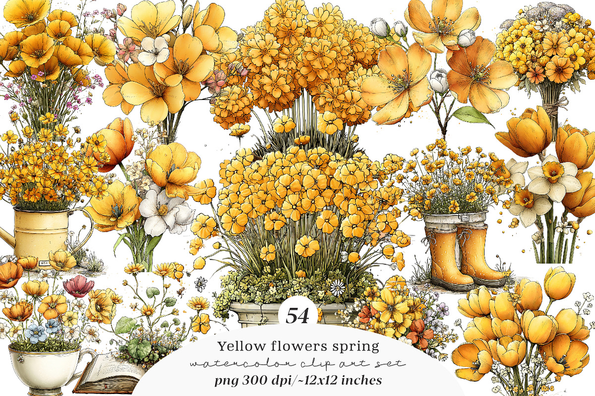 Yellow flowers spring clipart, an Illustration by SinaCreation (Photo 1 of 11)