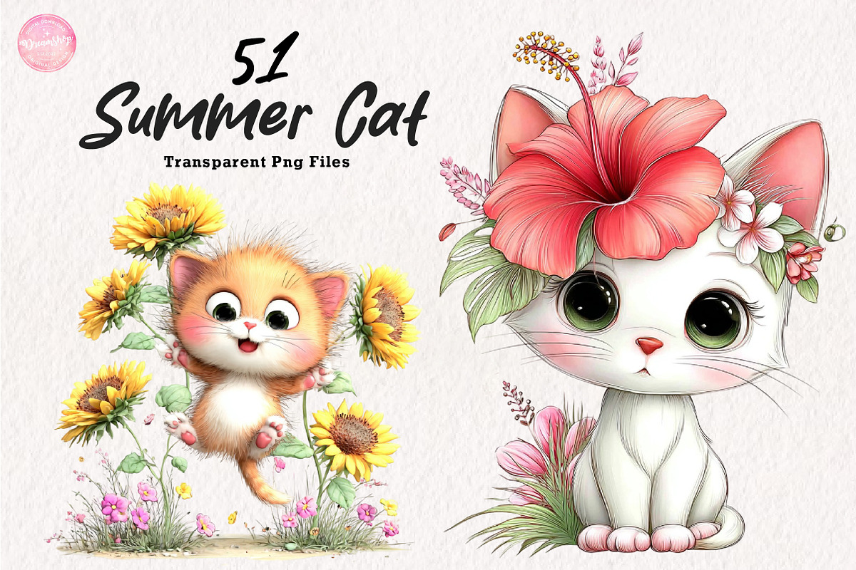 Whimsical Summer Cat Clipart, an Illustration by CreationArt (Photo 1 of 7)