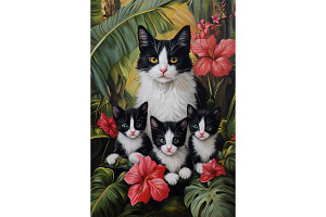 Hibiscus Jungle Cat Family Print, an Animal Illustration by Art Paradise Studios