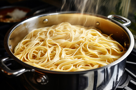Pot with freshly cooked steaming pasta, a Food & Drink Photo by Natalia Klenova's Shop