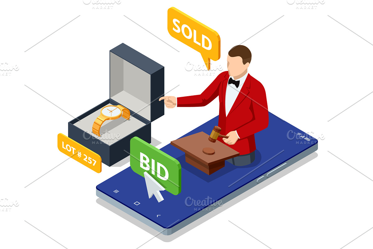 Isometric online auction with watch, a Finance Illustration by Golden Sikorka