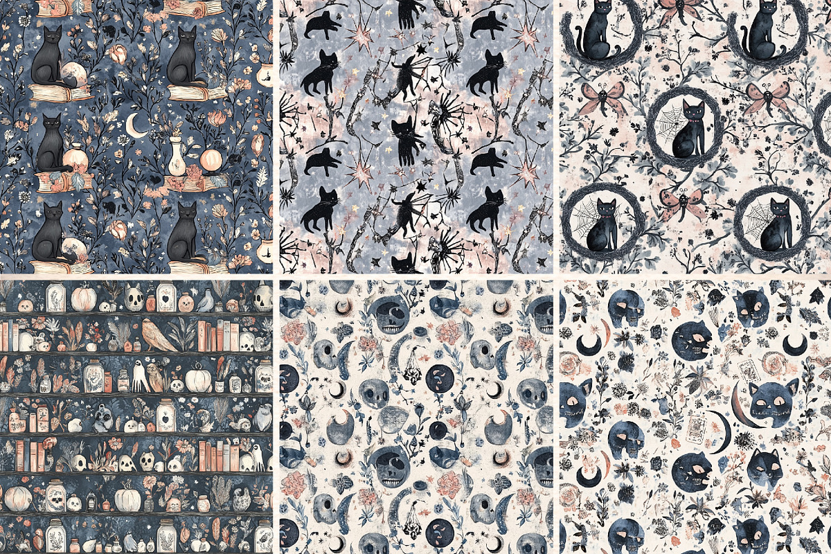 Gothic Black Cat Skeleton Seamless, a Pattern Graphic by Digital Artistic99 (Photo 3 of 8)