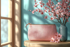 Modern cosmetic bag and spring flowers on small round table, a Beauty & Fashion Photo by AlyaAnd