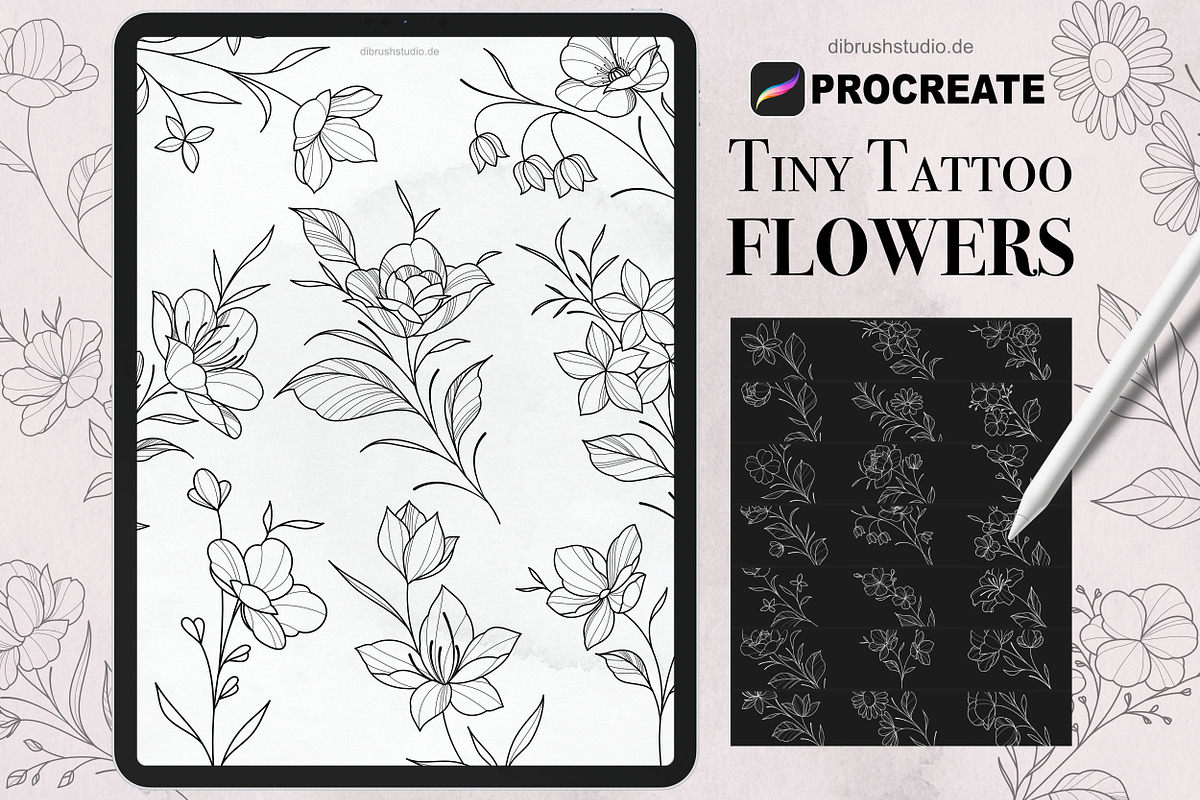 Procreate Tiny Tattoo Flowers, a Brush Add-On by DiBrush Studio (Photo 1 of 7)