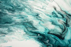 Fluid Art. Liquid transparent white and turquoise abstract paint drips and wave