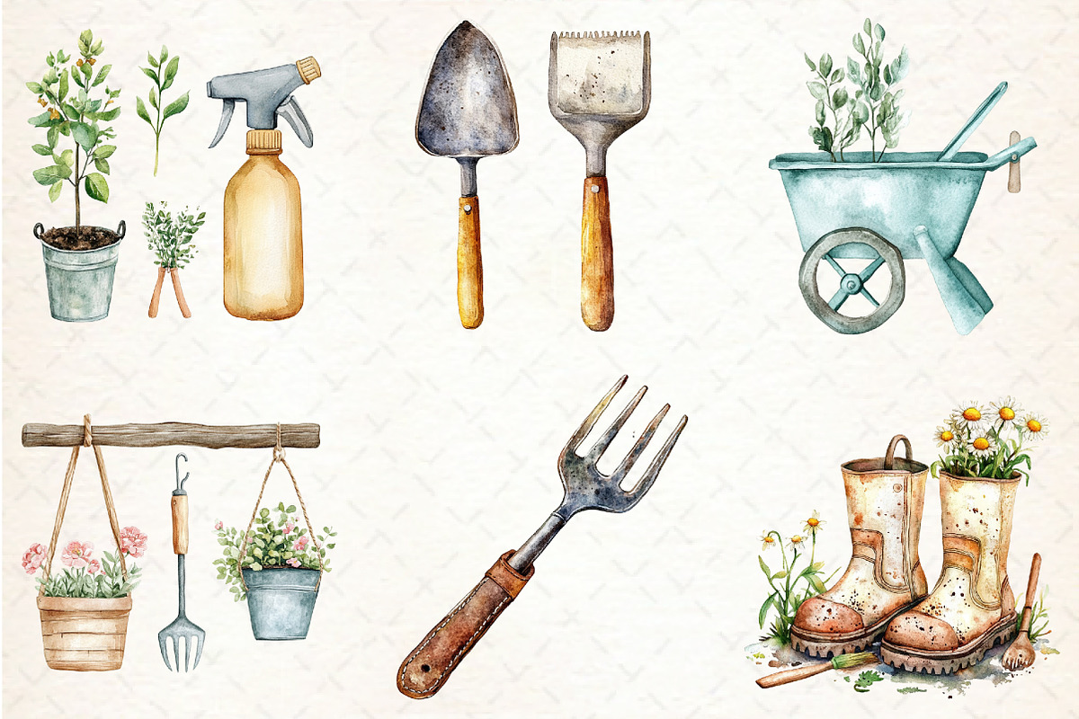 Gardening Tools Watercolor Clipart, an Illustration by Libby Wishes (Photo 4 of 7)
