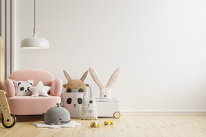Mockup wall in the children's room with pink sofa on white color wall.
