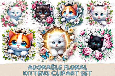 Adorable Floral Kittens Clipart Set