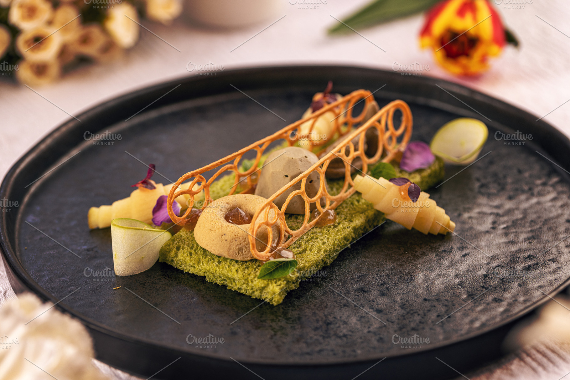 Gourmet starter displayed on elegant plate, a Photo by Grafvision photography