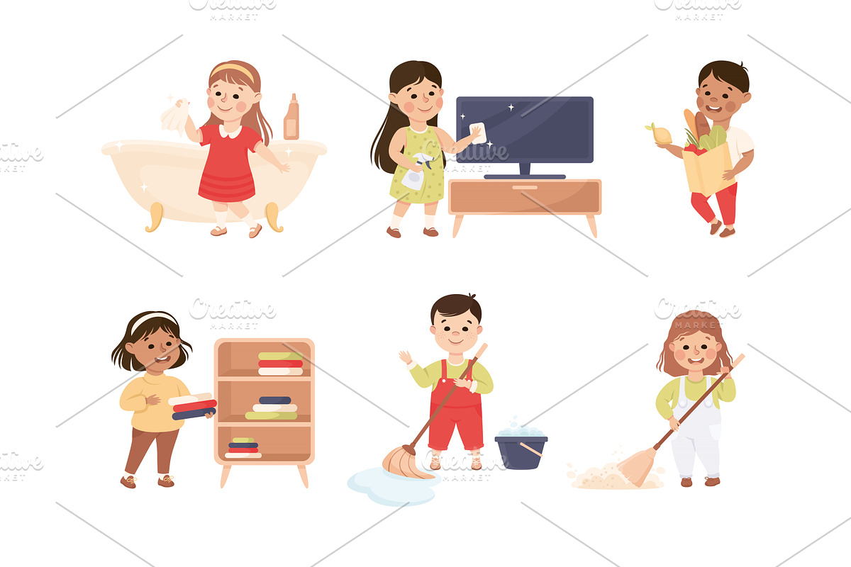 Cute Boy and Girl Doing Housework, a Person Illustration by TopVectors
