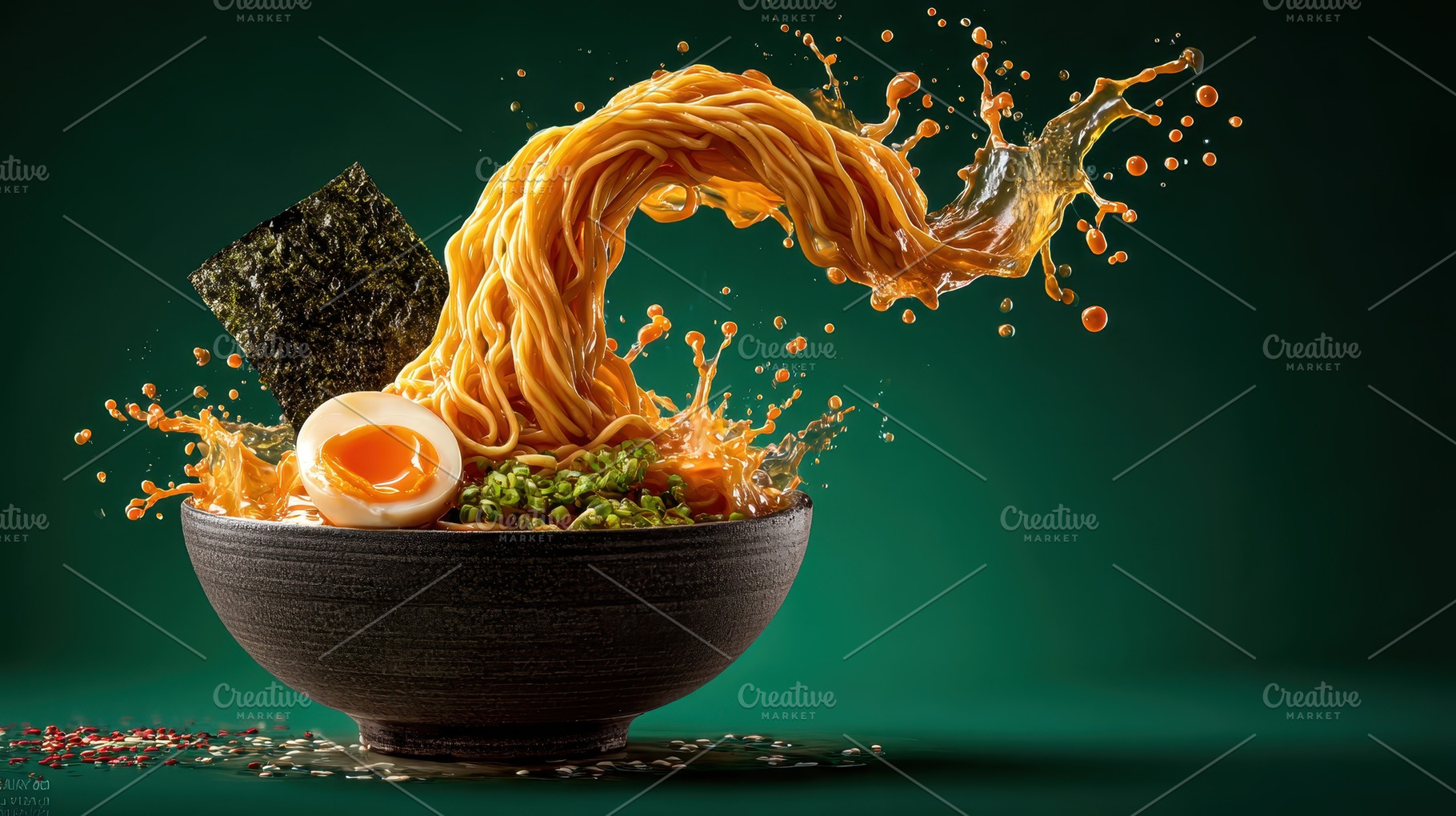 Delicious Ramen Noodles Splashing Bo, a Photo by Pixeness Studio