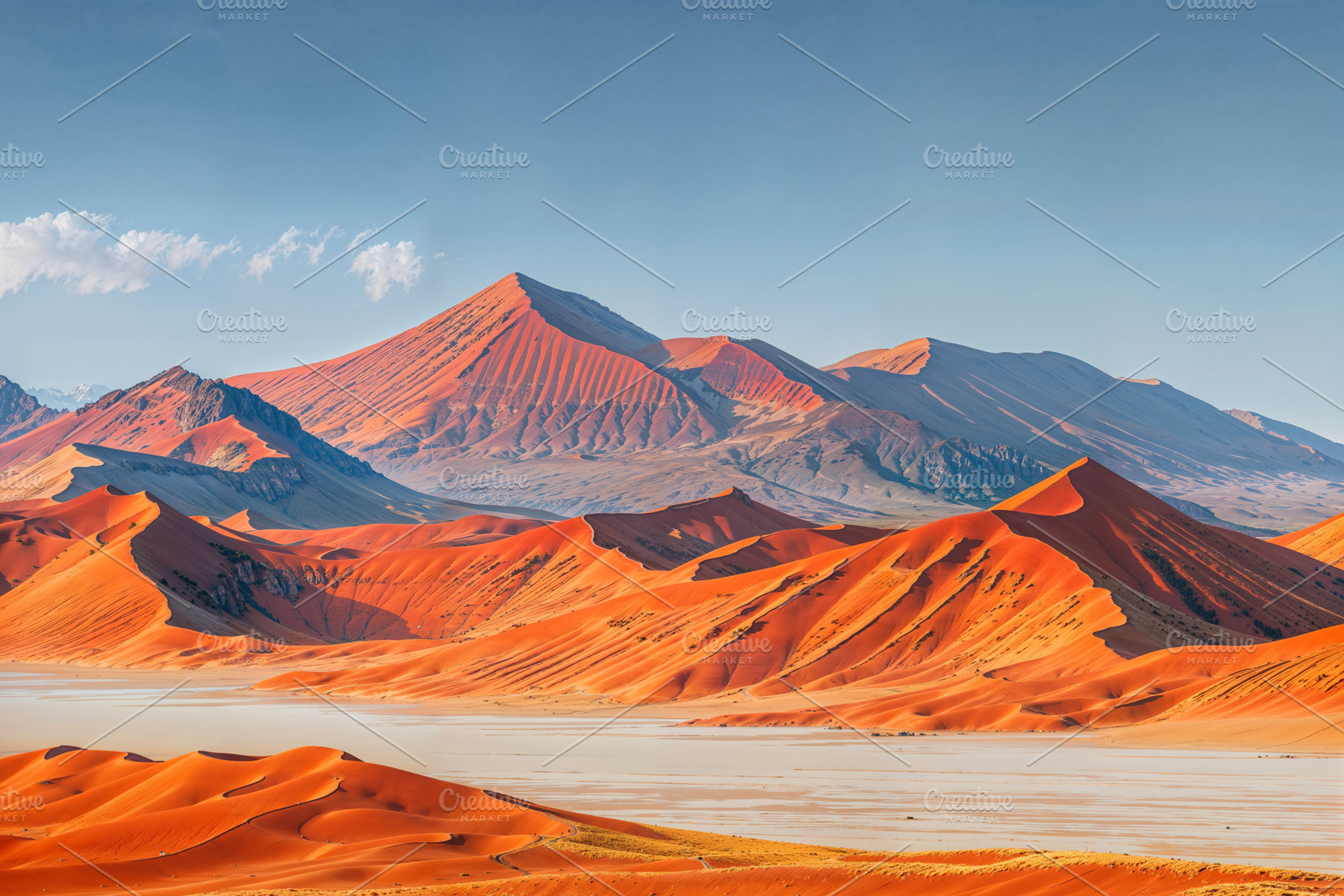 Sunset over desert dunes with mountain backdrop, a Photo by OSORIOartist