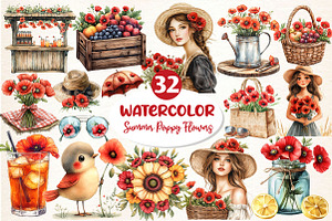 Summer Poppy Flowers Clipart, an Illustration by Dream Creation