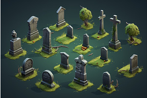 Isometric Gravestones Grass Set