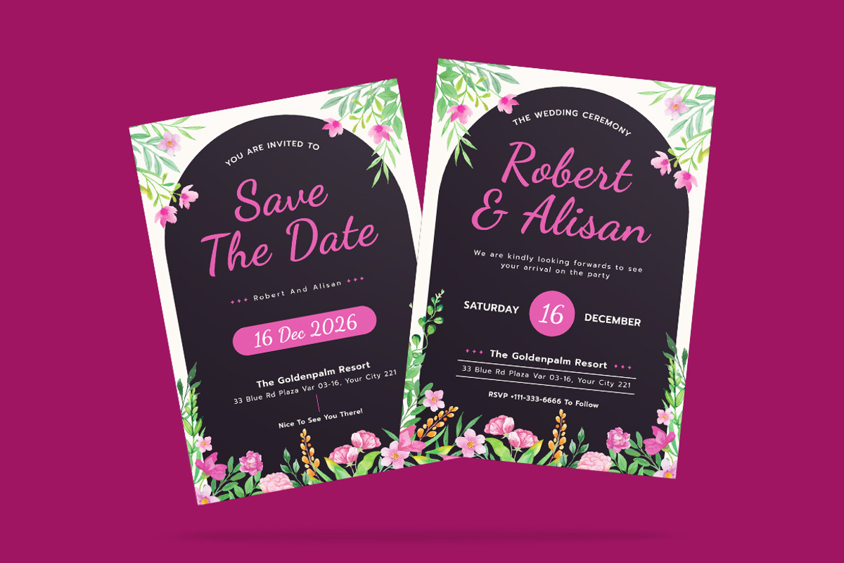 Nightly Floral Wedding Invitation, an Invitation Template by iDoodle Studio (Photo 2 of 4)