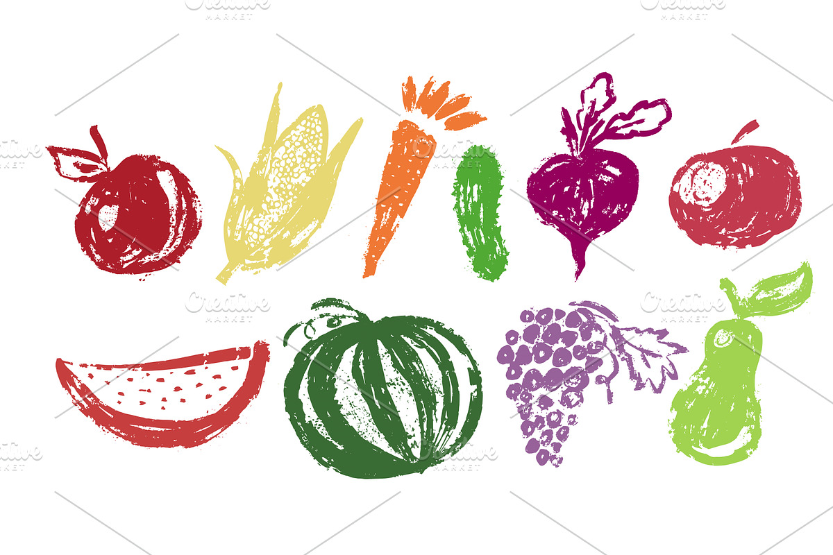 Fruit and vegetable set. hand drawn, a Food Illustration by Nenahliadava Design