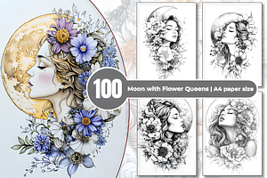 Moon with Flower Queens Coloring Pag, a Decorative Illustration by Design Station