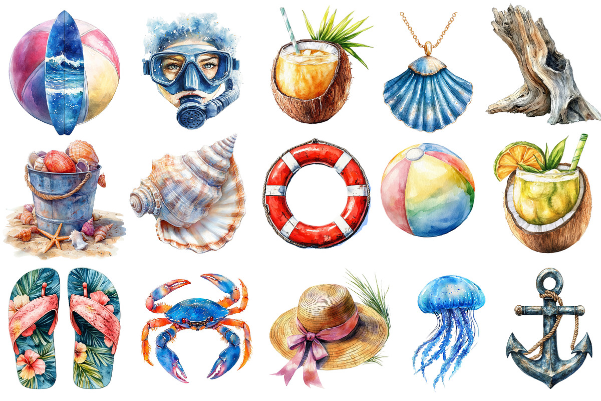 Watercolor Coastal Summer PNG, an Illustration by SinaCreation (Photo 2 of 5)