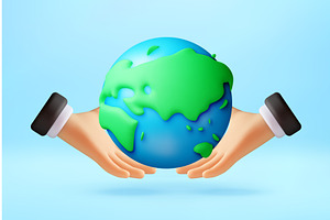 3D Cartoon hands holding Earth globe, an Illustration by Abscent