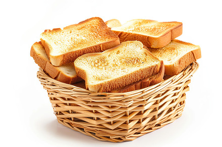 Toast breads in basket isolated on white background, a Food & Drink Photo by AlyaAnd