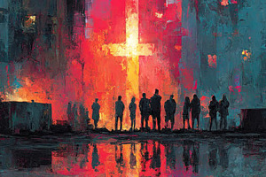 Group of people watching glowing cross-shaped light on urban wal, a Person Photo by José Manuel Gelpi