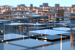 Abstract glass cubes on reflective surface with warm lighting, t, a Photo by Dvoevnore photos