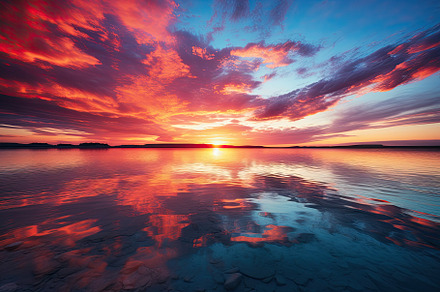beautiful sunset on the lake with re, a Photo by Iftikhar Alam