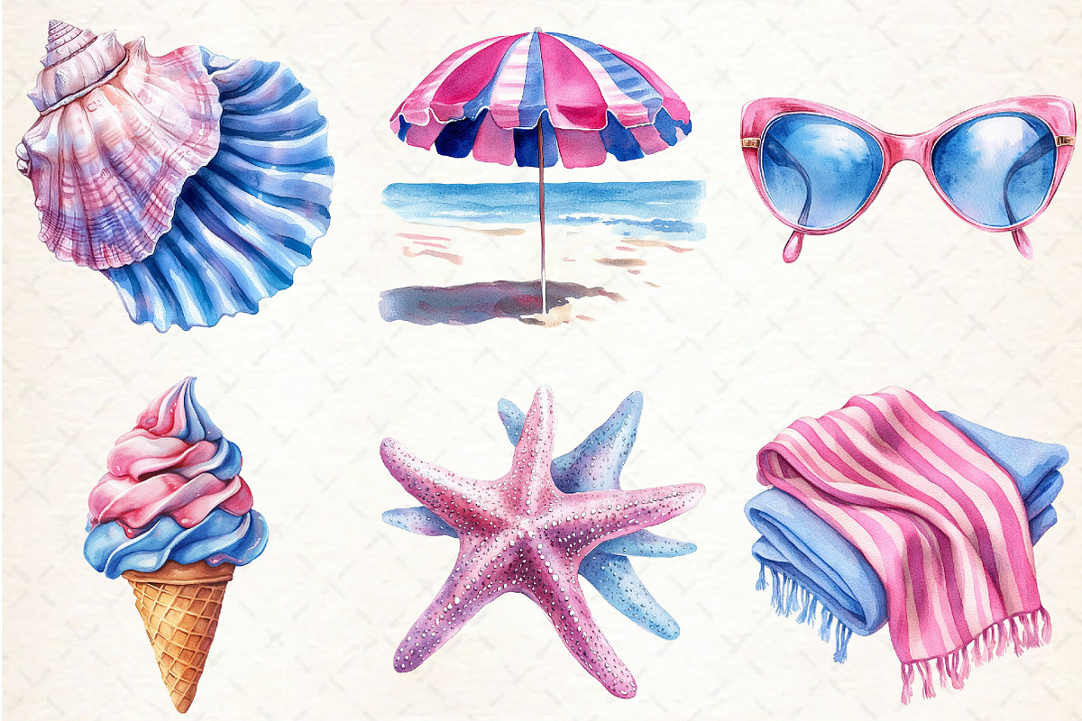 Summer Pink & Blue Coastal Clipart, an Illustration by Libby Wishes (Photo 5 of 7)