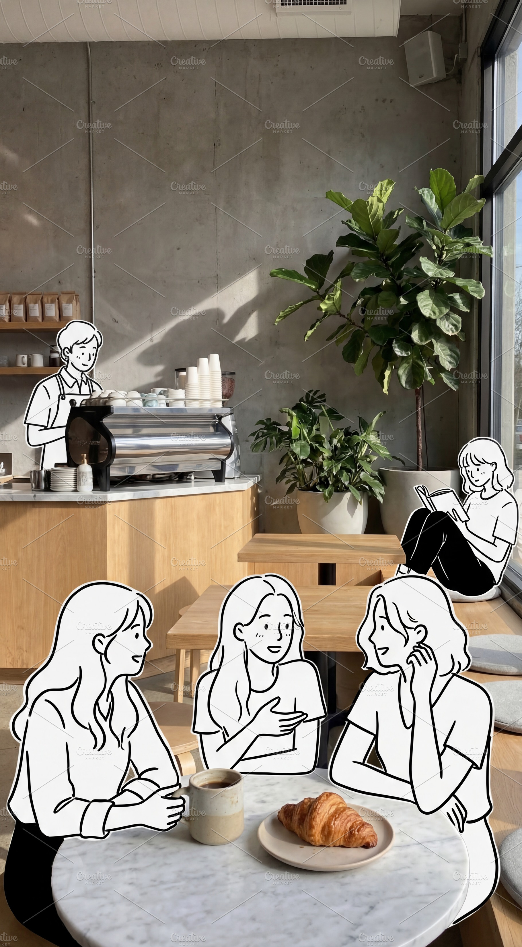 Cartoon characters in a cafe setting, a Business Photo by Virgo Studio