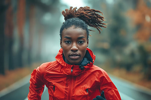 A young Black woman with textured hair jogs energetically on a m, a Sports & Recreation Photo by ImageMir