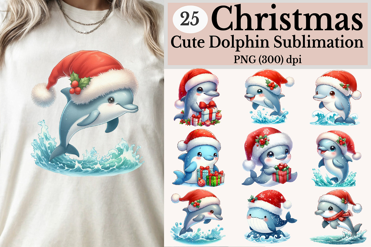 Christmas Cute Dolphin Clipart, an Illustration by Rose Art