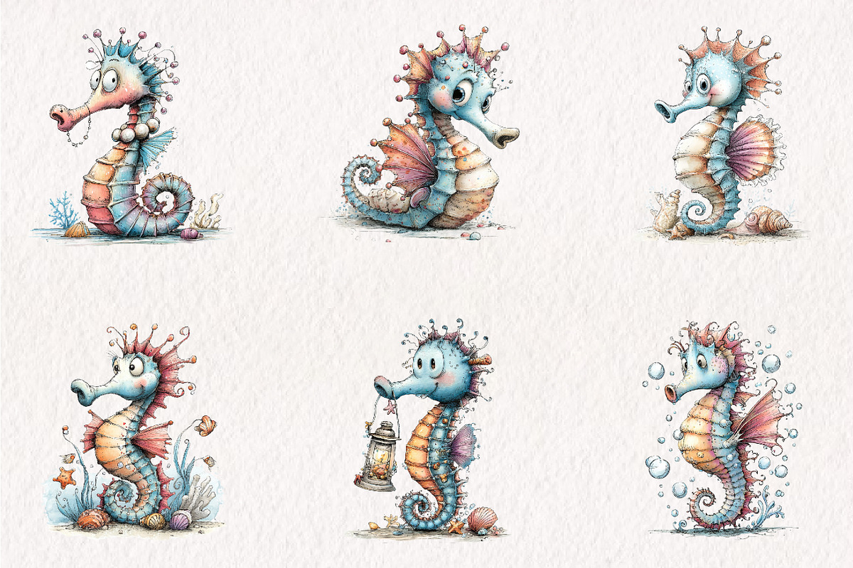 Whimsical Seahorse Clipart, a Seasonal Illustration by CreationArt (Photo 2 of 5)