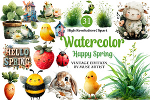 Watercolor Happy Spring Clipart, an Illustration by DreamArtGraphic
