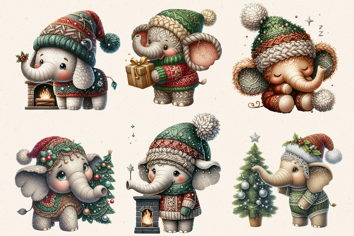 CHRISTMAS ELEPHANT CLIPART PACK, a Seasonal Illustration by Daring Digies (Photo 4 of 9)