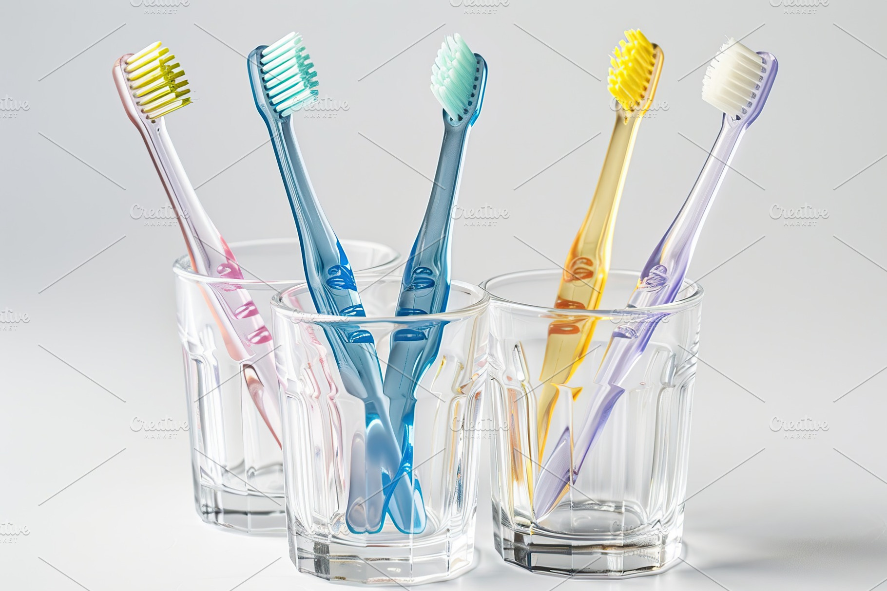 New toothbrushes in glasses on white background, a Health & Medical Photo by AlyaAnd