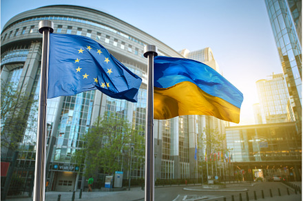 Flags of Ukraine and European Union, a Business Photo by Yaroslav Danylchenko