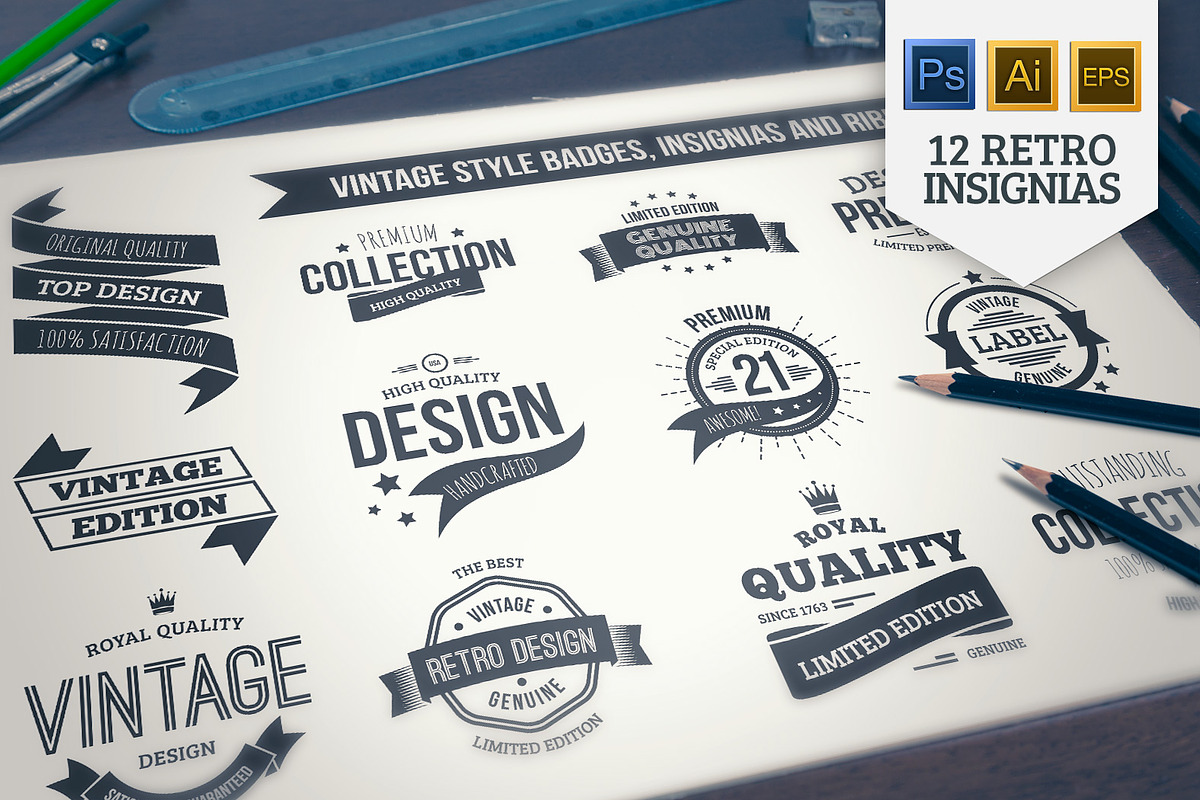 Vintage Insignias and badges, a Branding & Logo Template by Mikko Lemola (Photo 1 of 3)