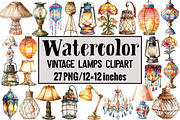 Watercolor Vintage Lamps Clipart, an Illustration by Design Market (Thumbnail 1 of 3)