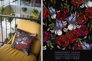 Blue irises and red roses
