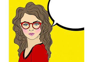 Pop Art Woman With Red Glasses And Speech Bubble Sign. Vector Comic Book Illustration Girl