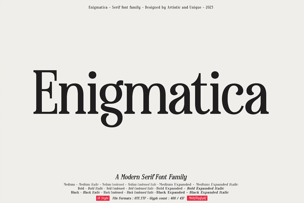Enigmatica - Serif font family, a Serif Font by Artistic & Unique (Photo 1 of 15)