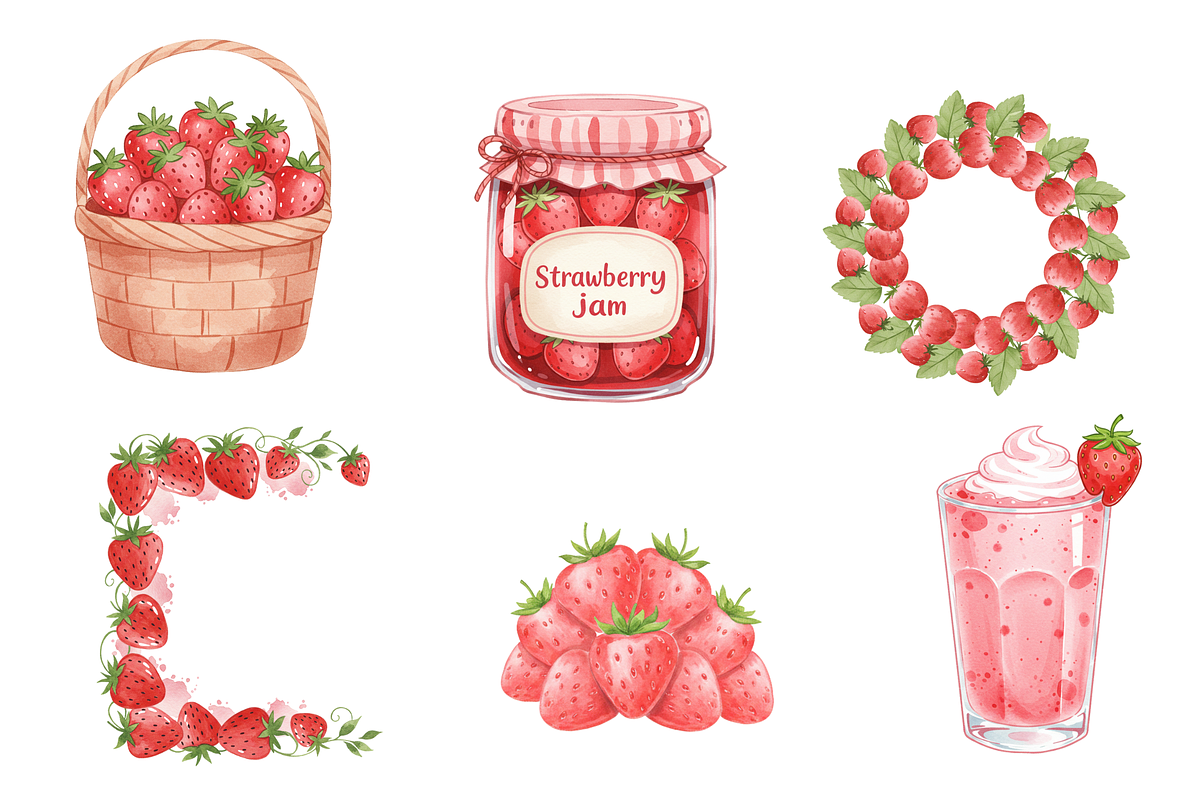Watercolor Strawberries Clipart, a Food Illustration by BerryPieArt (Photo 4 of 4)
