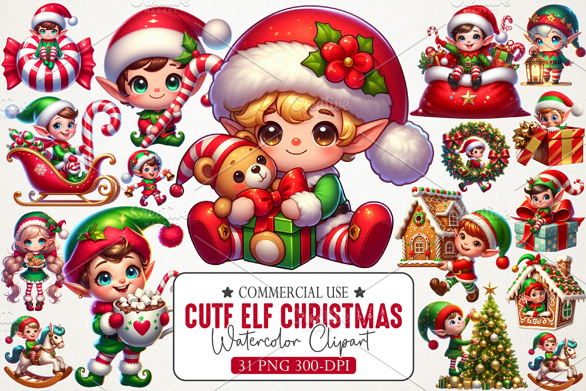 Cute Elf Christmas Clipart Bundle, an Illustration by RobertsArt (Photo 1 of 7)