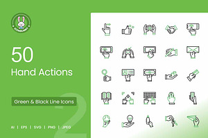 50 Hand Actions Green & Black Icons, an Icon by IconBunny