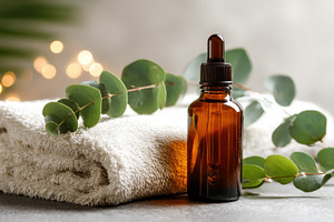 Amber dropper bottle of essential oil with eucalyptus leaves and, an Abstract Photo by José Manuel Gelpi