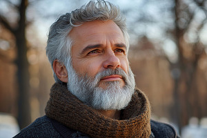 Mature man with gray hair gazes thoughtfully into the distance on a winter day, a Person Photo by AlyaAnd
