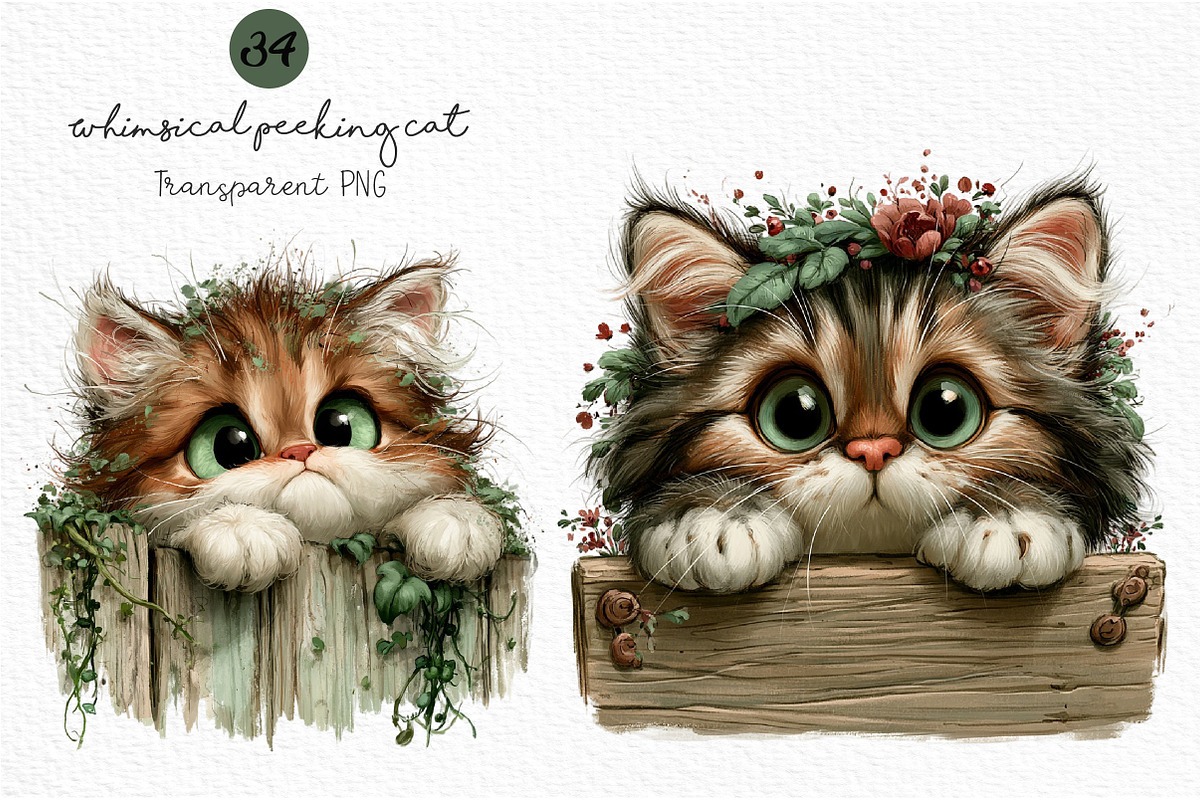 Whimsical Peeking Cat Clipart, a Seasonal Illustration by Craft Nest (Photo 1 of 10)