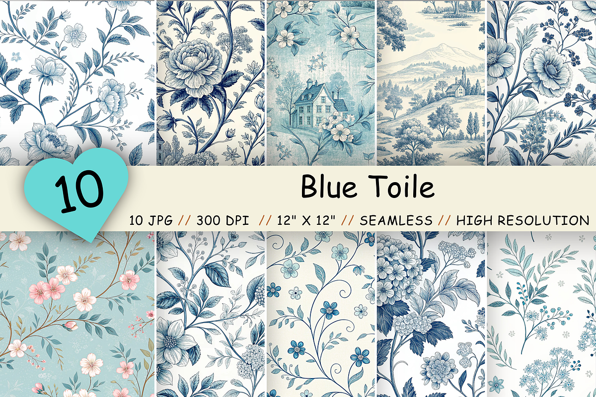 Blue Toile Seamless Digital Paper, a Pattern Graphic by FloridPrintables (Photo 1 of 7)