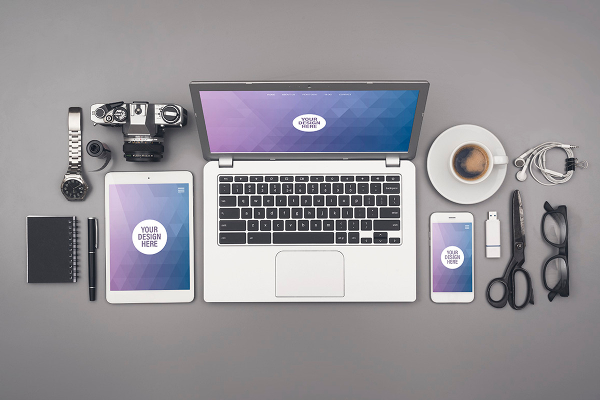 Top view responsive design desk, an iPad Mockup by Twin Design